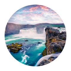 Round icon of nature with landscape. Summer morning scene on the Godafoss Waterfall. Majestic...