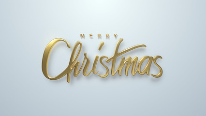 Obraz na płótnie Canvas Merry Christmas. Vector holiday illustration. Golden 3d lettering. Realistic shiny sign isolated on white background. Festive religious event banner. Decorative element for Xmas cover design