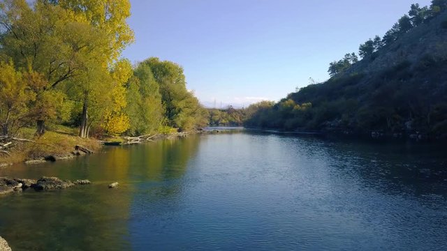 Vranjske Njive Rijeka Zeta. River Zeta Montenegro. Large River Flows Through Forest Landscape in Montenegro. Clear Blue Water. Beautiful Autumn Nature.