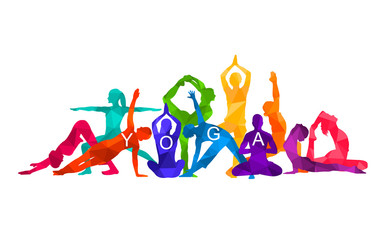 Detailed colorful vector silhouette yoga people illustration background. Fitness Concept. Gymnastics. Aerobics. Asanas, meditation, lotus position.