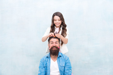 Daughter style, you smile. Little daughter stylist. Small daughter hairstyle fathers hair. Happy...