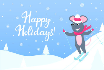 The mouse is skiing. Happy Holidays horizontal banner with winter landscape. Greeting card for New Year 2020 and Christmas