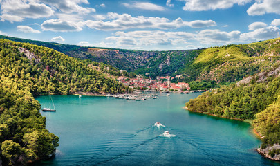 Aerial morning vire of Krka National Park, Prokljansko lake, Croatia, Europe. Picturesque summer...