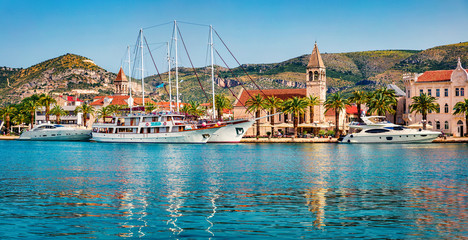 Stunning summer cityscape of Trogir town. Impressive morning seascape of Adriatic sea. Beautiful...
