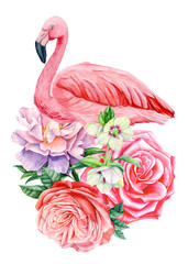 watercolor illustration, botanical painting, composition with a bird pink flamingos and flowers, hand drawing