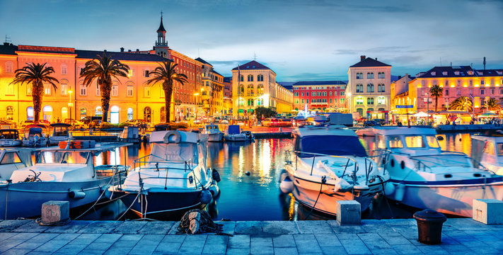 Colorful evening cityscape of Split town.Splendid summer sunset in Croatia, Europe. Beautiful world of Mediterranean countries. Traveling concept background.