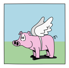 Cute funny flying pig with wings. Character, humour. Cartoon style vector illustration.