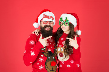 Bearded man and kid. Family celebrate holiday. Family tradition. Togetherness. Merry christmas. Joyful cheerful people. Father and daughter winter sweaters celebrate new year. Happy family hug