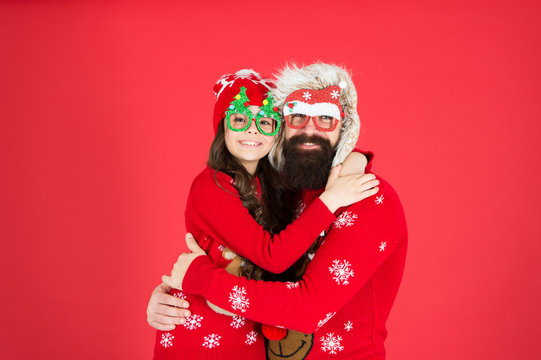 Real Feelings. Happy New Year. Family Holiday. Stay Warm In Winter. Merry Christmas. Child And Santa Man On Party. Love And Joy. Father And Daughter Celebrate Xmas. Small Girl Having Fun With Dad