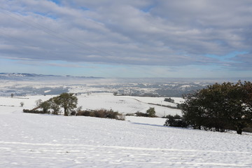 Fototapeta premium Paysage de champs enneigés dans le massif montagneux du Pilat - Département de la Loire - France
