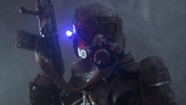 Camera man is coming closer and clother to the man in post apocalyptic cosplay suit, which is hiding his face.