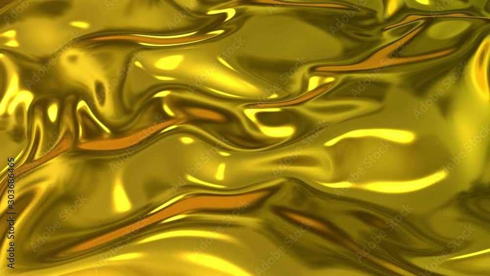Poster gold silky fabric forms beautiful folds in the air in slow motion. 4k 3d animation of wavy surface f