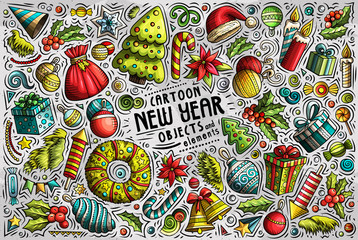 Vector hand drawn doodle cartoon set of New Year objects