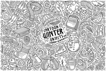 Obraz premium Vector hand drawn doodle cartoon set of Winter objects and symbols