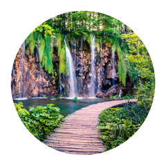 Round icon of nature with landscape. Captivating morning view of Plitvice National Park. Colorful...