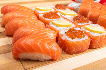 Sushi and salmon roll set, Philadelphia. Close-up.