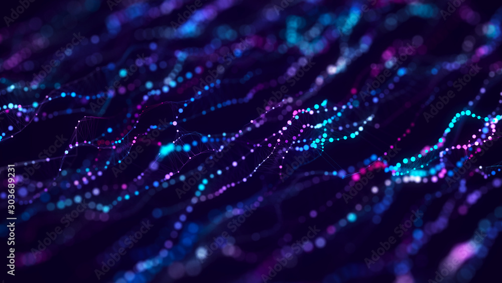 Poster Music abstract background. Molecular background with DNA. Network with connecting dots and lines. Big data visualization. Sound wave. 3d rendering.