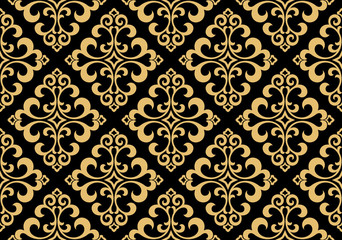 Wallpaper in the style of Baroque. Seamless vector background. Gold and black floral ornament. Graphic pattern for fabric, wallpaper, packaging. Ornate Damask flower ornament