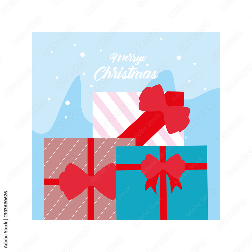 Poster merry christmas label with gift box on winter landscape