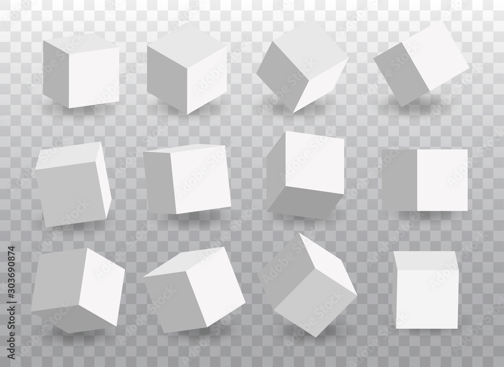 Poster set of white vector 3d cubes. cube icons in a perspective. geometric blocks with shadow. vector illu
