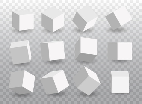 Set of white vector 3d cubes. Cube icons in a perspective. Geometric  blocks with shadow. Vector illustration isolated on tranparent background.