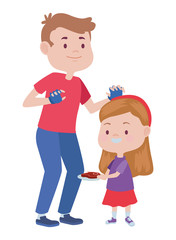 young father with daughter and meat steak