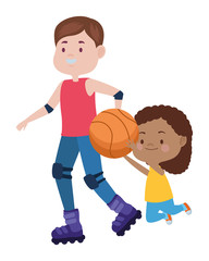 young father with daughter in skates and basketball balloon