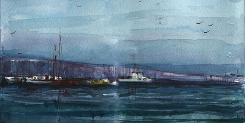 Boats in sea hand drawn watercolor illustration
