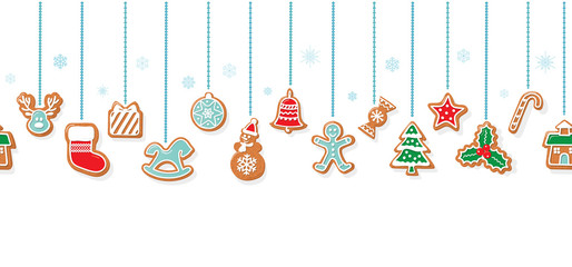 Christmas Gingerbread cookies garlands. Horizontal seamless pattern with traditional decorative elements. vector