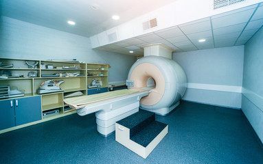 Interior of room with MRI machine.