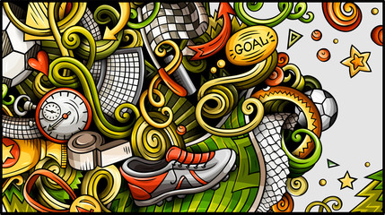 Soccer hand drawn doodle banner. Cartoon detailed illustrations.