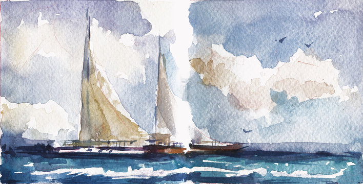 Sailboats in sea hand drawn watercolor illustration.