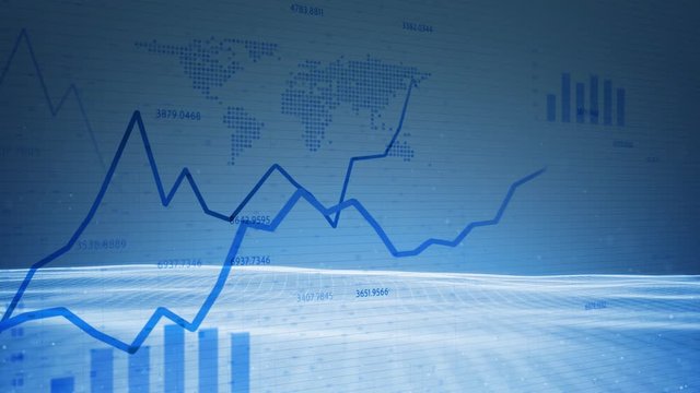 Concept 3d financial business charts with diagrams, graphs and stock numbers on bright blue wavy animation background.