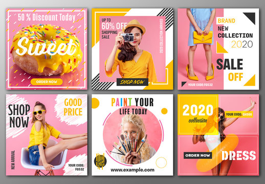
Social Media Post Layout Set with Pink and Yellow Accents