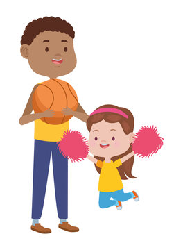 young father with daughter playing basketball and cheerleader