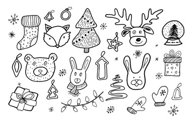 Black and white christmas illustration set. Cute animals: bear, fox, deer and hare. Christmas tree, gift box, snowflakes,  sock, mittens and ornaments. Outline drawing.