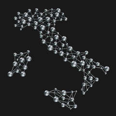 3d map of Italy, beautiful 3d molecular metal net of Italy shape perspective view. black background 3d illustration