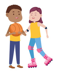 young couple characters playing basketball and skates