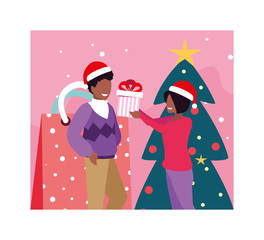 scene of couple with christmas tree and boxes gift