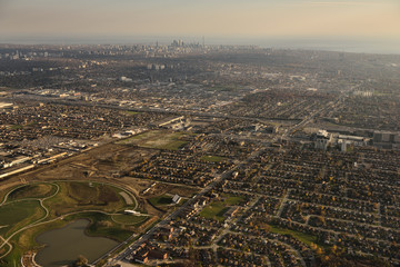 Downsview Park in North York with Toronto city skyline of highrise towers on Lake Ontario