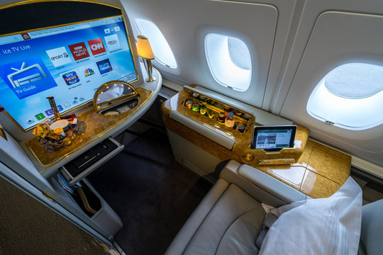 BERLIN - APRIL 26, 2018: Interior And Seat Of The First Class Passengers Of The World's Largest Aircraft Airbus A380. Emirates Airline.