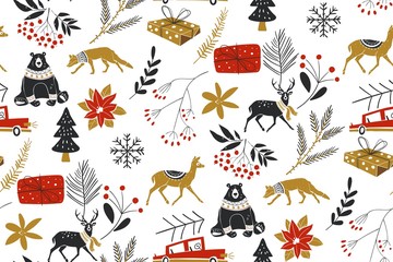 Animals winter Vector seamless pattern with the traditional Christmas floral elements. Perfect for greeting cards, wallpaper, gift paper, web page background, winter decorations.