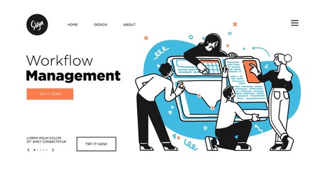 Workflow management business concept. Web page template. Outline vector Style - obrazy, fototapety, plakaty