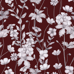 Seamless pattern of monochrome pencil botanical sketches of wild flowers. Hand-drawn geranium, petunia and anemone on burgundy background. Vintage style. Design for fabric, prints, card, poster, wrap.