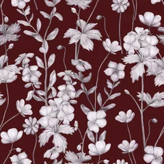 Wall murals Bordeaux Seamless pattern of monochrome pencil botanical sketches of wild flowers. Hand-drawn geranium, petunia and anemone on burgundy background. Vintage style. Design for fabric, prints, card, poster, wrap.
