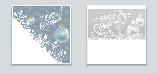Christmas cards for your design. Colors image: gray, white, blue. Two images with Christmas balls for holiday and New Year decoration. Vector graphic design.