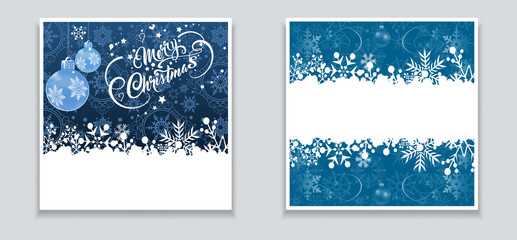 Christmas cards for your design. Two images with Christmas balls for holiday and New Year decoration. Colors on image: white, blue. Vector illustration