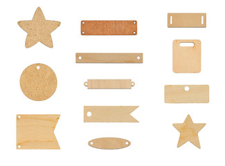 The set of wooden labels of different shapes and colors. Isolated picture.