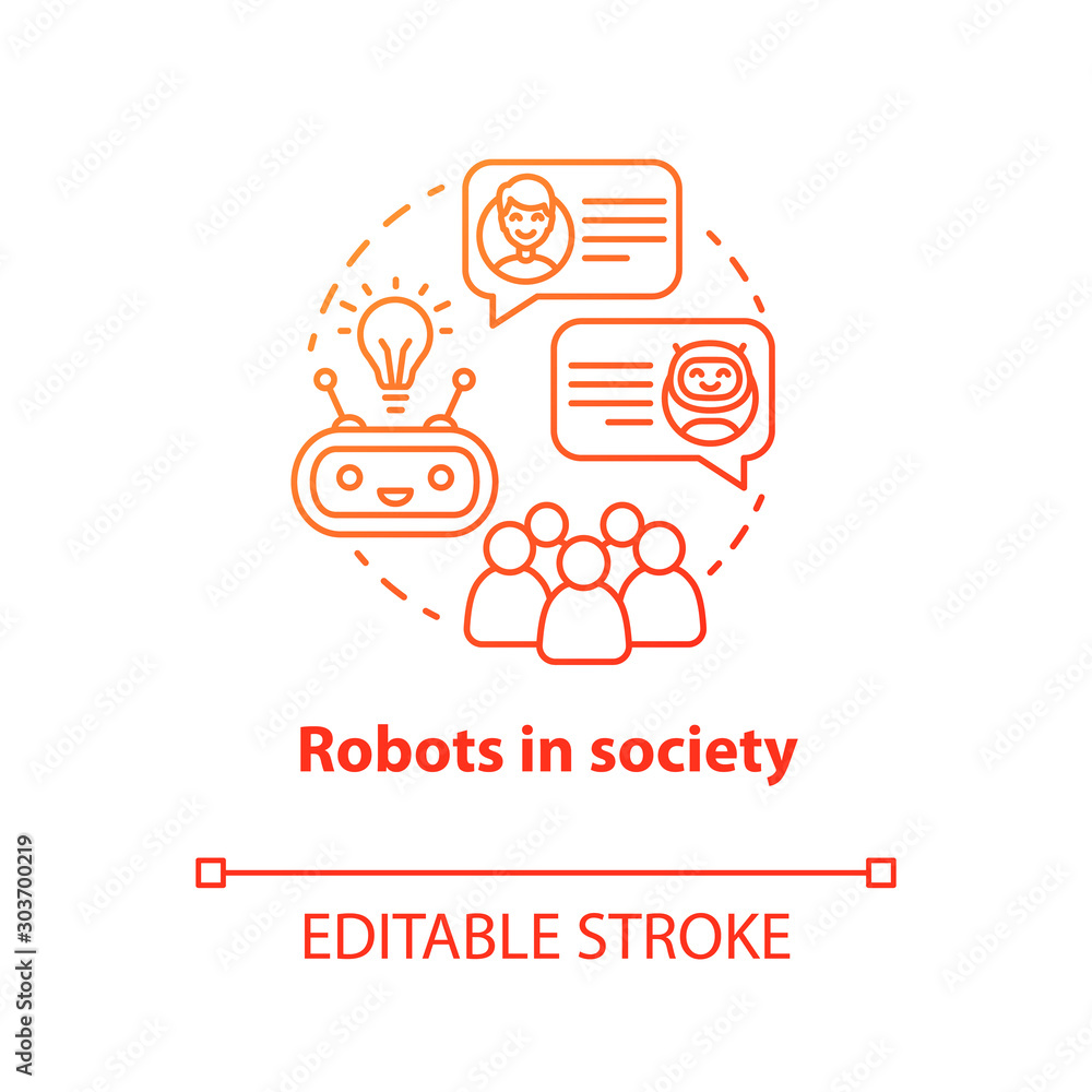 Poster robots in society red concept icon. communication with artificial intelligence idea thin line illust