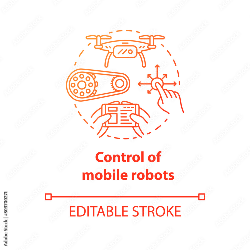 Poster control of mobile robots red concept icon. motion at distance idea thin line illustration. software 